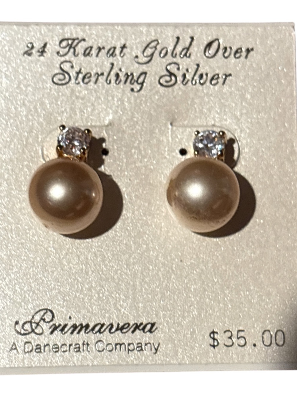 24 Kt. Gold Over Sterling Silver Champagne Pearl and Cz Stud Earrings
